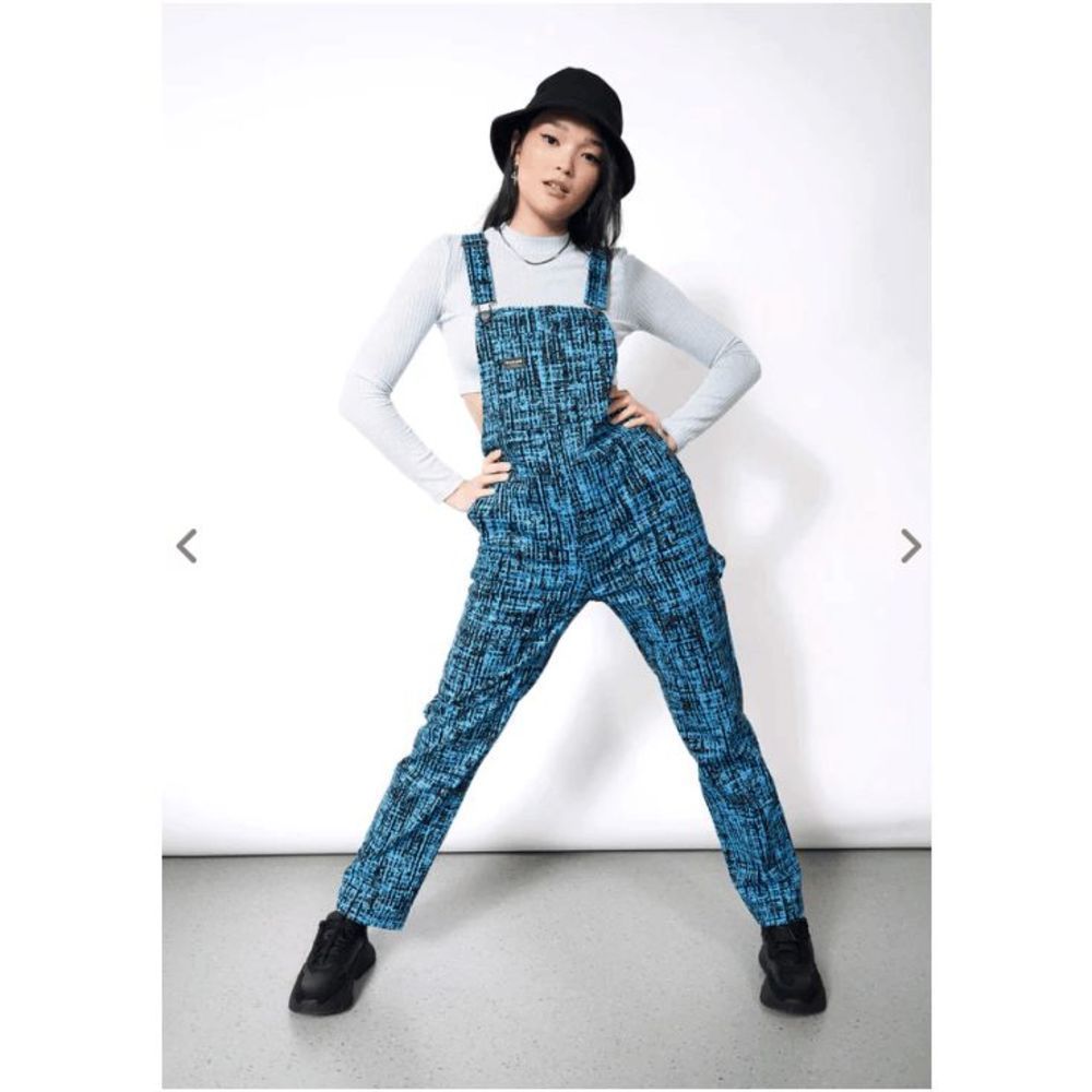 Wildfang The Essential Overall Women Size L Blue Black Weave Carpenter